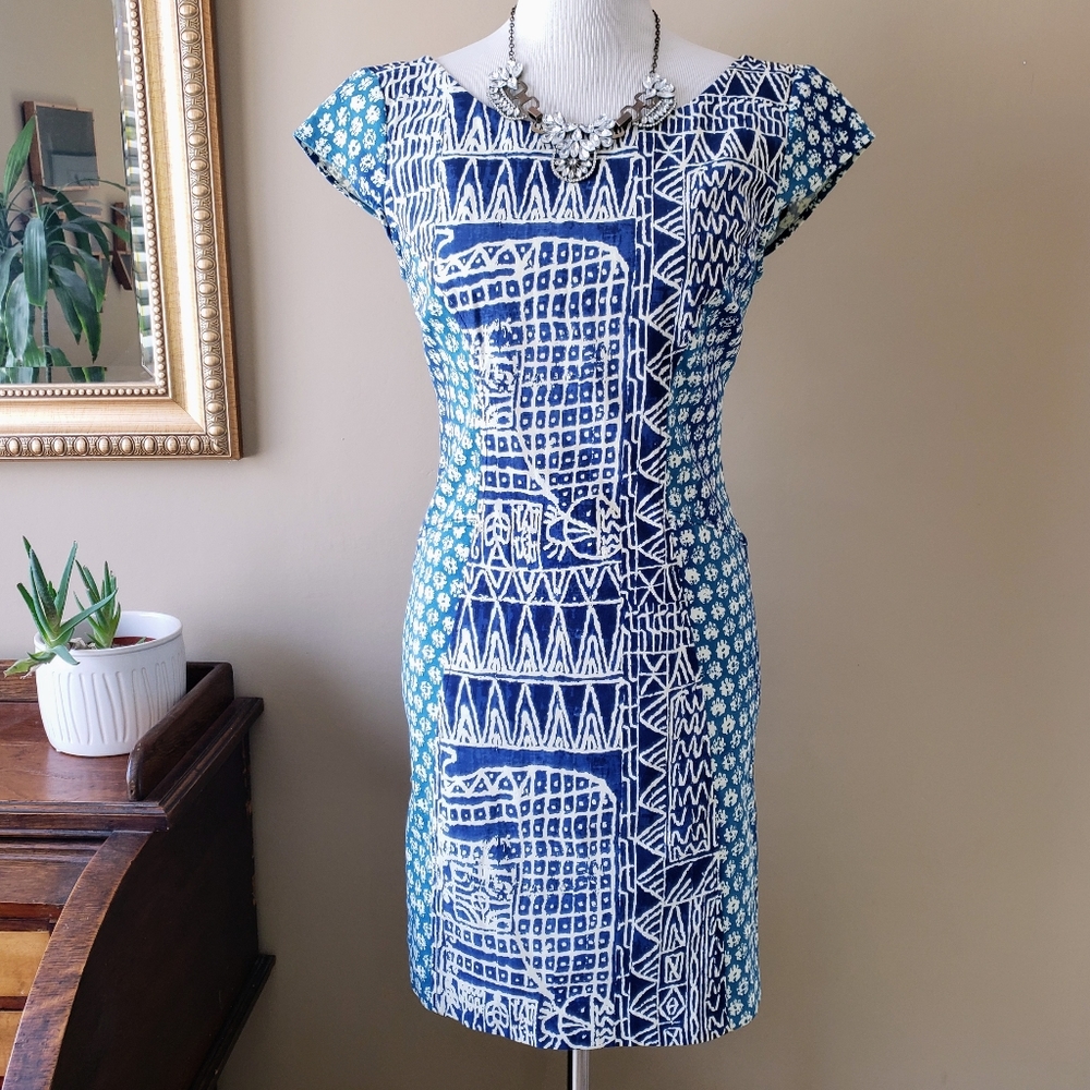 Plenty by Tracy Reese Peruvian Cap Sleeve Dress Blue Batik Print Size 6